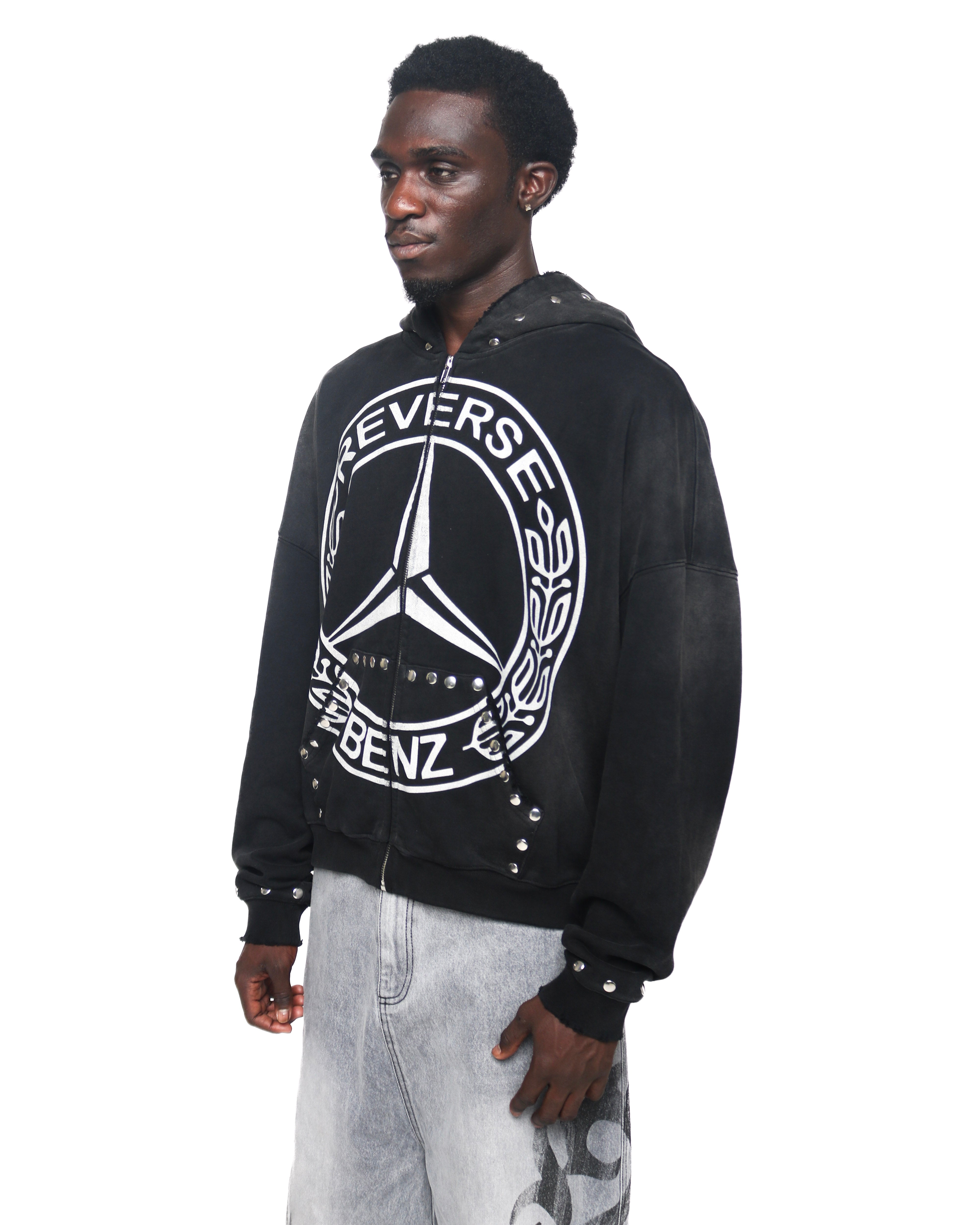 Black Reverse Benz Zip Hoodie