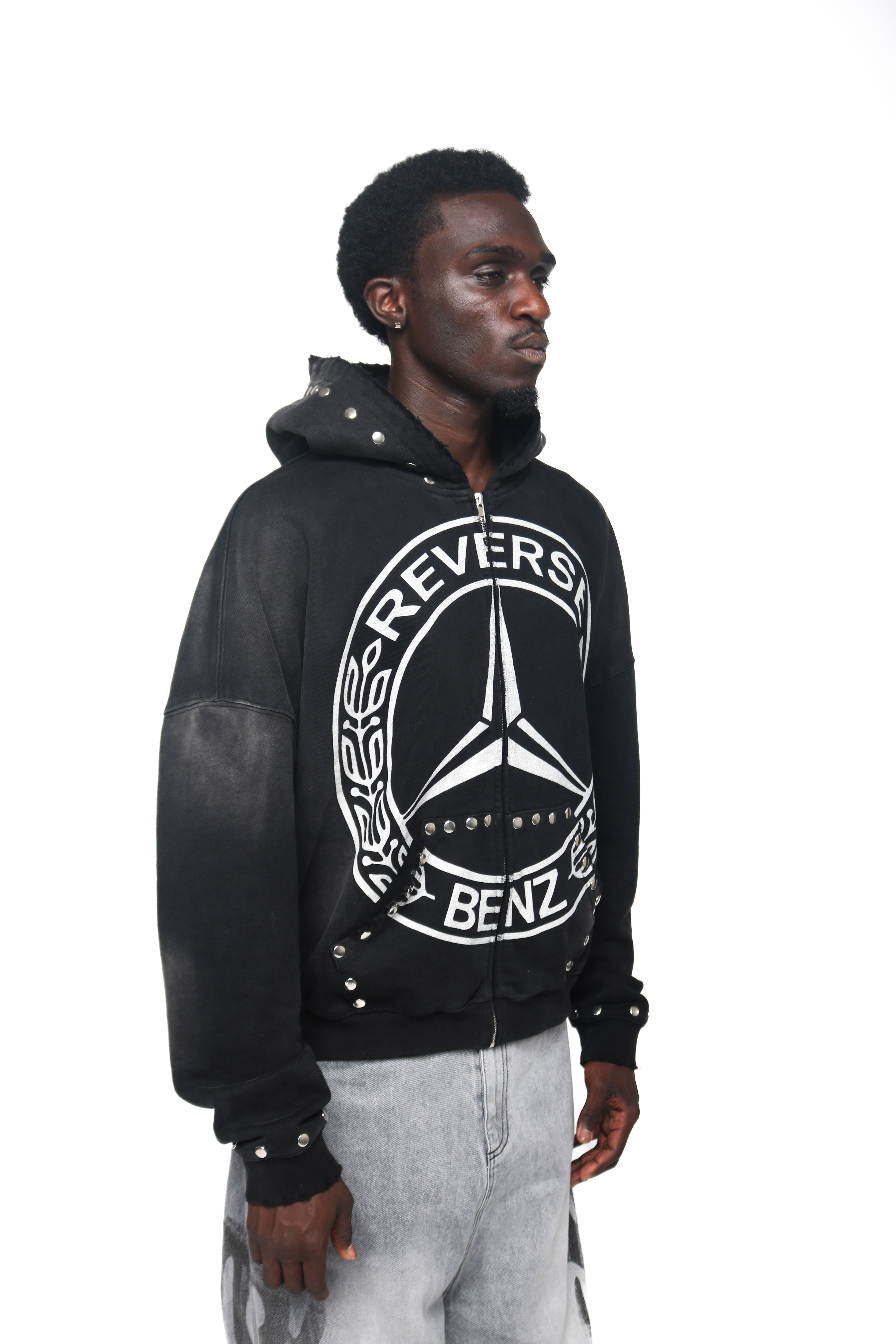 Black Reverse Benz Zip Hoodie
